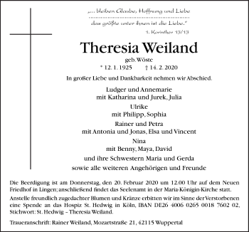 Traueranzeige von Theresia Weiland von Neue Osnabrücker Zeitung GmbH & Co. KG