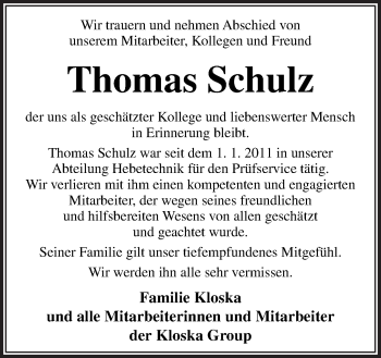 Traueranzeige von Thomas Schulz von Neue Osnabrücker Zeitung GmbH & Co. KG
