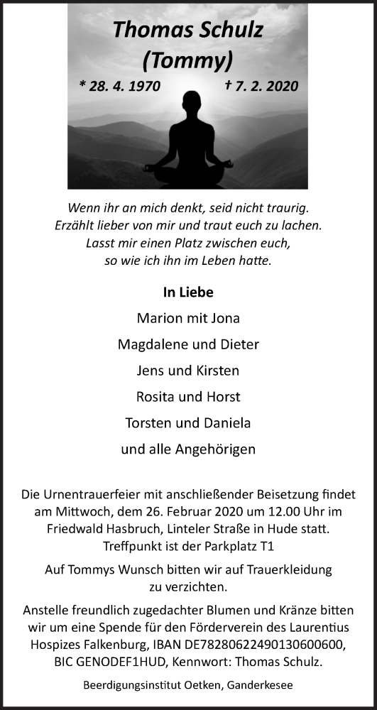  Traueranzeige für Thomas Schulz vom 15.02.2020 aus Neue Osnabrücker Zeitung GmbH & Co. KG