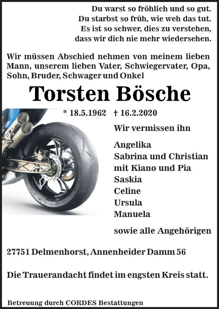  Traueranzeige für Torsten Bösche vom 19.02.2020 aus Neue Osnabrücker Zeitung GmbH & Co. KG