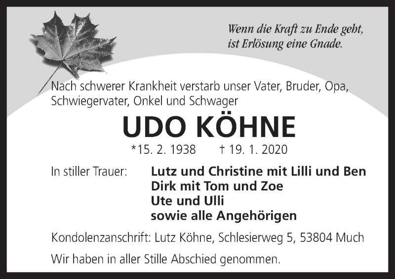  Traueranzeige für Udo Köhne vom 15.02.2020 aus Neue Osnabrücker Zeitung GmbH & Co. KG