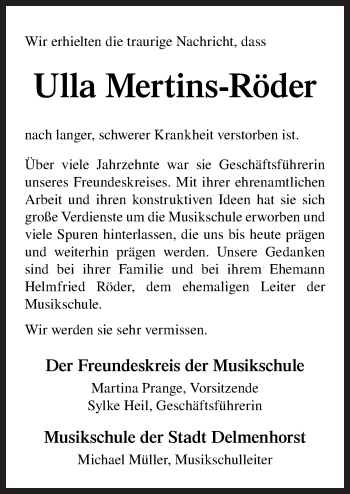 Traueranzeige von Ulla Mertins-Röder von Neue Osnabrücker Zeitung GmbH & Co. KG