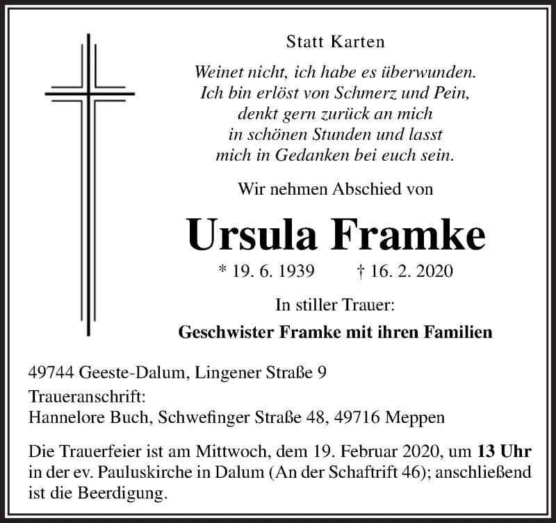  Traueranzeige für Ursula Framke vom 18.02.2020 aus Neue Osnabrücker Zeitung GmbH & Co. KG
