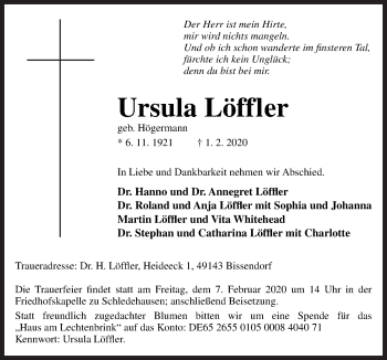 Traueranzeige von Ursula Löffler von Neue Osnabrücker Zeitung GmbH & Co. KG
