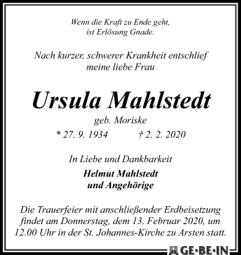 Traueranzeige von Ursula Mahlstedt von Neue Osnabrücker Zeitung GmbH & Co. KG