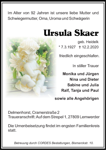 Traueranzeige von Ursula Skaer von Neue Osnabrücker Zeitung GmbH & Co. KG