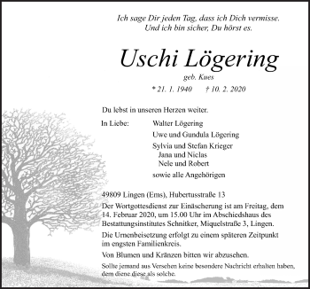 Traueranzeige von Uschi Lögering von Neue Osnabrücker Zeitung GmbH & Co. KG