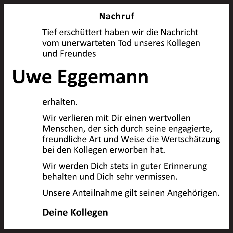  Traueranzeige für Uwe Eggemann vom 22.02.2020 aus Neue Osnabrücker Zeitung GmbH & Co. KG