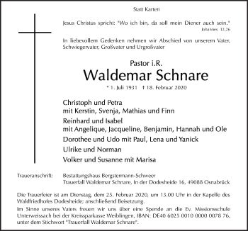 Traueranzeige von Waldemar Schnare von Neue Osnabrücker Zeitung GmbH & Co. KG