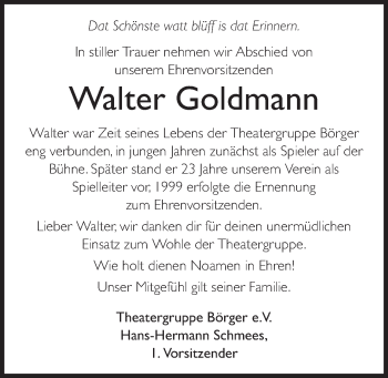 Traueranzeige von Walter Goldmann von Neue Osnabrücker Zeitung GmbH & Co. KG