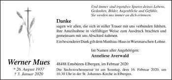 Traueranzeige von Werner Mues von Neue Osnabrücker Zeitung GmbH & Co. KG