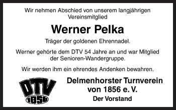 Traueranzeige von Werner Pelka von Neue Osnabrücker Zeitung GmbH & Co. KG