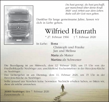 Traueranzeige von Wilfried Hanrath von Neue Osnabrücker Zeitung GmbH & Co. KG