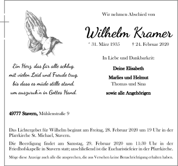 Traueranzeige von Wilhelm Kramer von Neue Osnabrücker Zeitung GmbH & Co. KG