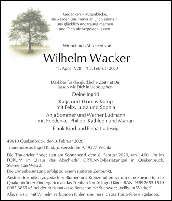 Traueranzeige von Wilhelm Wacker von Neue Osnabrücker Zeitung GmbH & Co. KG