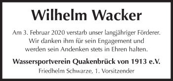 Traueranzeige von Wilhelm Wacker von Neue Osnabrücker Zeitung GmbH & Co. KG