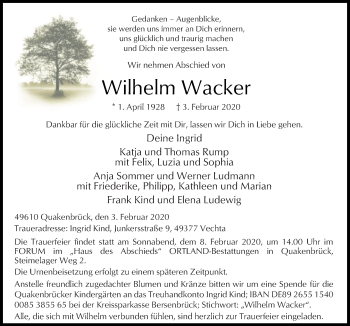 Traueranzeige von Wilhelm Wacker von Neue Osnabrücker Zeitung GmbH & Co. KG