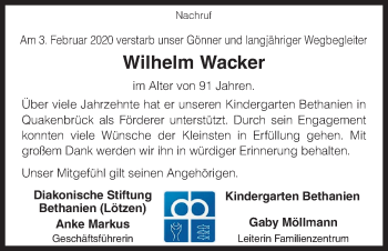 Traueranzeige von Wilhelm Wacker von Neue Osnabrücker Zeitung GmbH & Co. KG