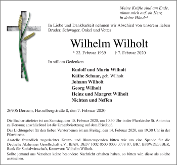 Traueranzeige von Wilhelm Wilholt von Neue Osnabrücker Zeitung GmbH & Co. KG