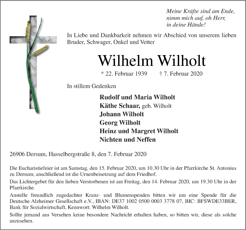  Traueranzeige für Wilhelm Wilholt vom 10.02.2020 aus Neue Osnabrücker Zeitung GmbH & Co. KG