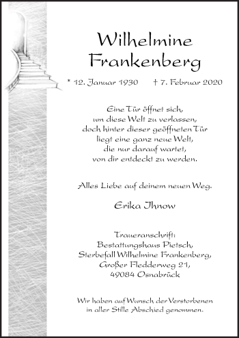 Traueranzeige von Wilhelmine Frankenberg von Neue Osnabrücker Zeitung GmbH & Co. KG