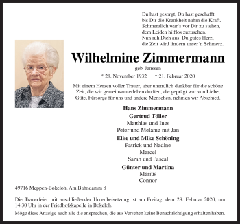 Traueranzeige von Wilhelmine Zimmermann von Neue Osnabrücker Zeitung GmbH & Co. KG