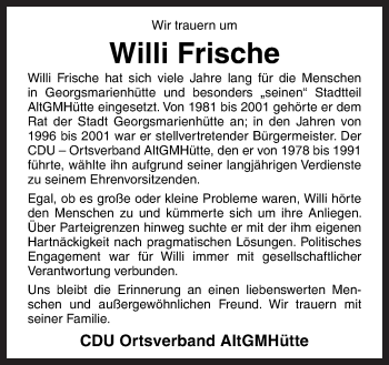 Traueranzeige von Willi Frische von Neue Osnabrücker Zeitung GmbH & Co. KG