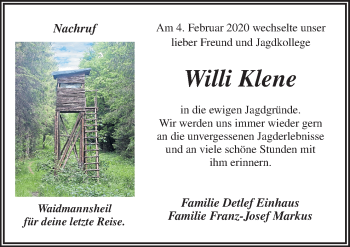 Traueranzeige von Willi Klene von Neue Osnabrücker Zeitung GmbH & Co. KG