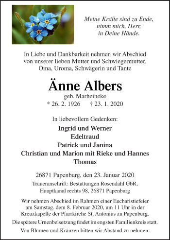 Traueranzeige von Änne Albers von Neue Osnabrücker Zeitung GmbH & Co. KG