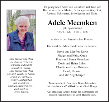 Traueranzeige von Adele Meemken von Neue Osnabrücker Zeitung GmbH & Co. KG