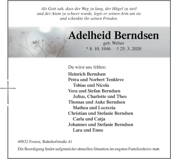 Traueranzeige von Adelheid Berndsen von Neue Osnabrücker Zeitung GmbH & Co. KG
