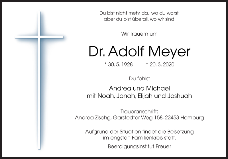  Traueranzeige für Adolf Meyer vom 24.03.2020 aus Neue Osnabrücker Zeitung GmbH & Co. KG