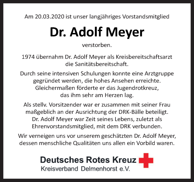  Traueranzeige für Adolf Meyer vom 25.03.2020 aus Neue Osnabrücker Zeitung GmbH & Co. KG
