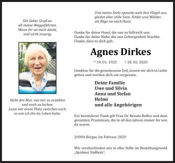 Traueranzeige von Agnes Dirkes von Neue Osnabrücker Zeitung GmbH & Co. KG