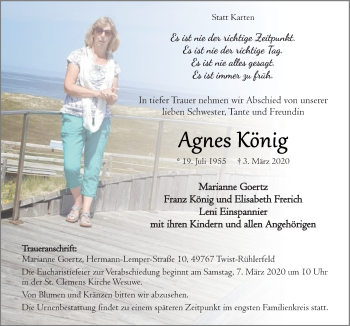 Traueranzeige von Agnes König von Neue Osnabrücker Zeitung GmbH & Co. KG