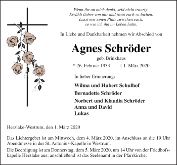 Traueranzeige von Agnes Schröder von Neue Osnabrücker Zeitung GmbH & Co. KG