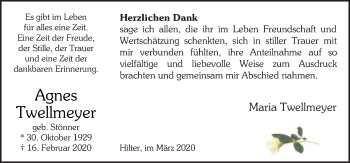 Traueranzeige von Agnes Twellmeyer von Neue Osnabrücker Zeitung GmbH & Co. KG
