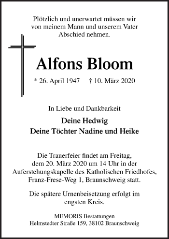 Traueranzeige von Alfons Bloom von Neue Osnabrücker Zeitung GmbH & Co. KG