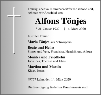 Traueranzeige von Alfons Tönjes von Neue Osnabrücker Zeitung GmbH & Co. KG