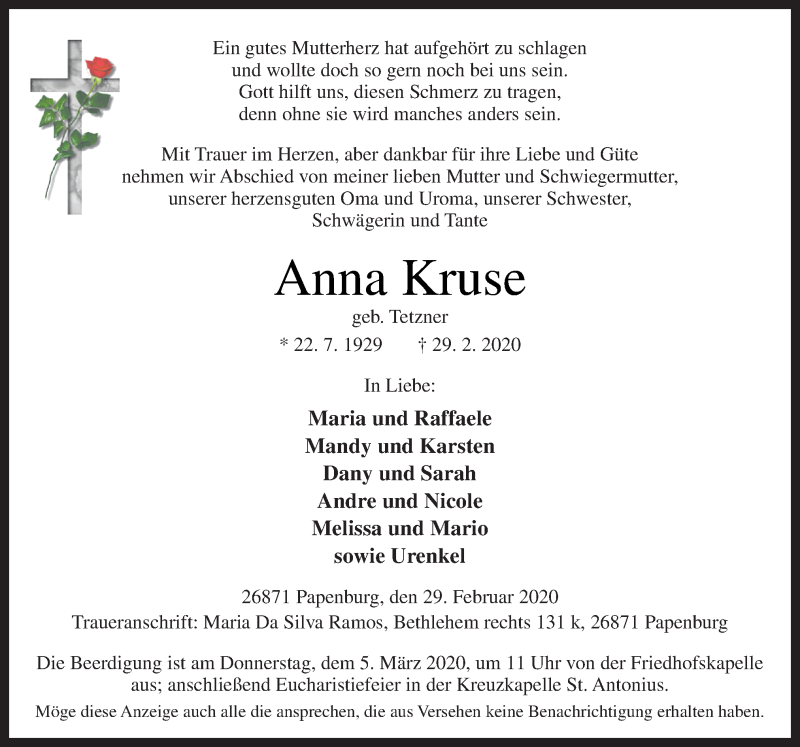  Traueranzeige für Anna Kruse vom 03.03.2020 aus Neue Osnabrücker Zeitung GmbH & Co. KG