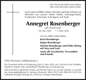 Traueranzeige von Annegret Rosenberger von Neue Osnabrücker Zeitung GmbH & Co. KG