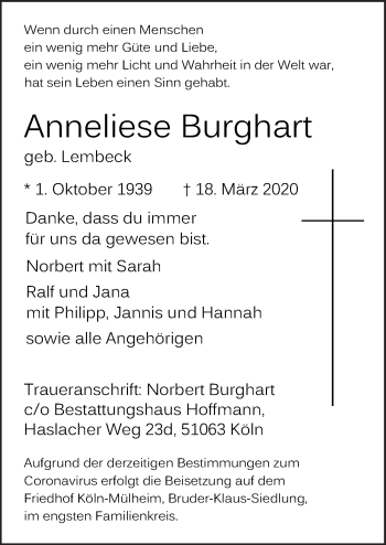 Traueranzeige von Anneliese Burghart von Neue Osnabrücker Zeitung GmbH & Co. KG