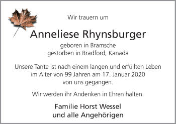 Traueranzeige von Anneliese Rhynsburger von Neue Osnabrücker Zeitung GmbH & Co. KG