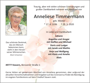 Traueranzeige von Anneliese Timmermann von Neue Osnabrücker Zeitung GmbH & Co. KG