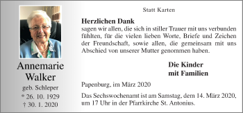 Traueranzeige von Annemarie Walker von Neue Osnabrücker Zeitung GmbH & Co. KG
