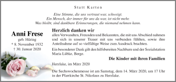 Traueranzeige von Anni Frese von Neue Osnabrücker Zeitung GmbH & Co. KG