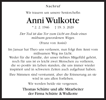 Traueranzeige von Anni Wulkotte von Neue Osnabrücker Zeitung GmbH & Co. KG