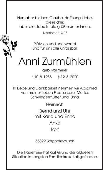 Traueranzeige von Anni Zurmühlen von Neue Osnabrücker Zeitung GmbH & Co. KG