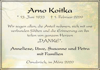 Traueranzeige von Arno Koitka von Neue Osnabrücker Zeitung GmbH & Co. KG