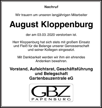 Traueranzeige von August Kloppenburg von Neue Osnabrücker Zeitung GmbH & Co. KG
